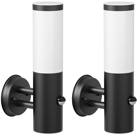 ledscom.de 2x Wandleuchte PORU für außen, IP44, Bewegungsmelder, Edelstahl, schwarz matt, rund, 1x E27 max. 15W