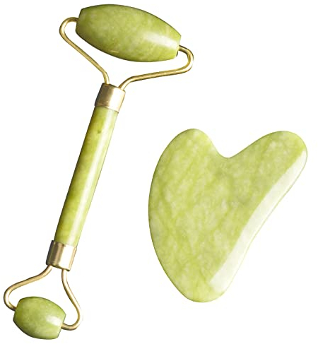 COMIOR Gesichtsroller und Gua Sha Set, 2 PCS Gua Sha Gesichtswerkzeug Jade Roller Natürliches Gua Sha Stein Massage Tools Gesicht Gua Sha Board für SPA