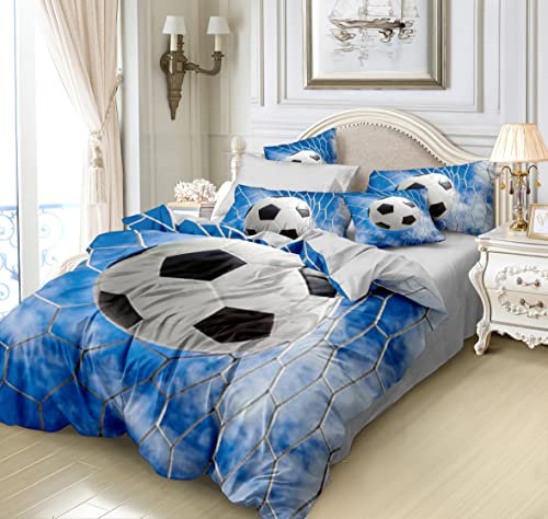 FEBE 3D Bettwäsche Fußball Bettbezug-Set 135x200 + Kissenbezug 80x80 cm Wendebettwäsche 2 Teilig mit Reißveschluss