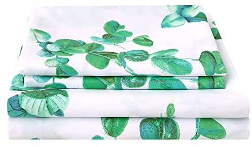 JSD Eucalyptus Printed Sheet Set King Size, 4 Piece Soft Leaves Pattern Microfiber Sheets Extra Deep Pocket