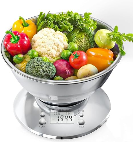 Nicoone Balance de cuisine avec bol, balance de cuisine électronique numérique en acier inoxydable, écran LCD