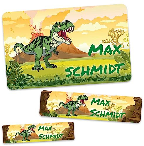 GRAVURZEILE Schuletiketten - Dinosaurier Design - Personalisiert mit Namen - 100 Aufkleber in 3 Größen für das Beschriften von Schulsachen Hefte Bücher - Geschenk zum Schulanfang zur Einschulung