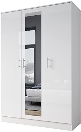 ELEGANT 3 Door Mirrored Wardrobes with Hanging Rail and Storage Shelves Modern Large Clothes Cabinet for Bedroom Furniture, High Gloss White