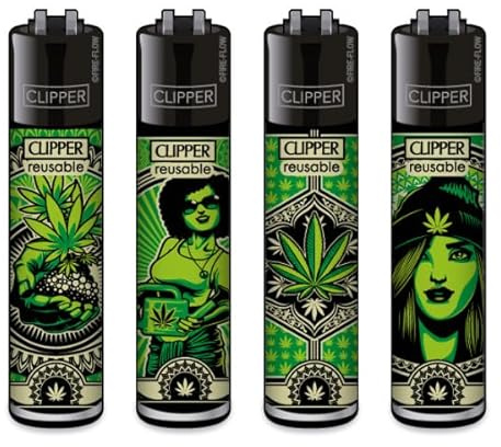 Clipper® Feuerzeuge im Multipack - 4er Set mit coolem Look - Nachhaltig NEU - INKL Gratis Crystal Deko Balls (Gras Art #2)