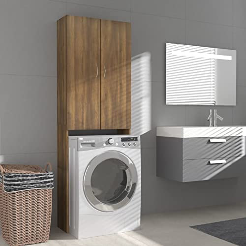 Homgoday Badezimmerschrank mit 2 Türen und 3 Fächern - Braune Eichen-Optik - Holzwerkstoff - 64 x 25,5 x 190 cm - Wandmontage Model813193