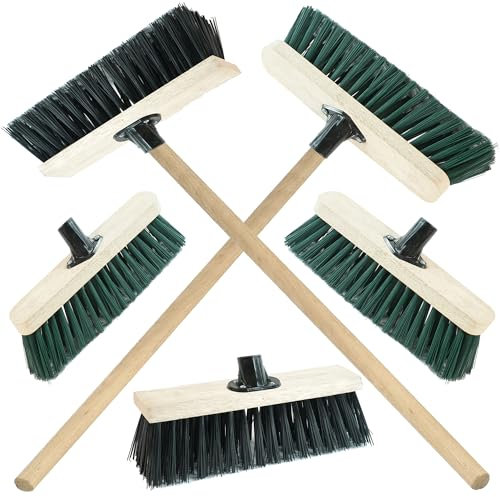 Strong PVC Bristle Brooms/Sweeping Brush With Wooden Handle Garden Brooms For Cleaning Patio Yards Driveways Warehouse and Garage (1, 12 Green)