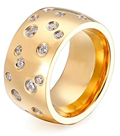 Mesnt Verlobungsring Damen, Edelstahl 12MM breiter Verlobungsring mit kubischem Zirkoniumdioxid für Frauen Gold, Größe 60 (19.1)
