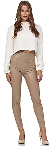 Gloop Damen Kunstleder Leggings High Waist Hose Strumpfhosen Treggins Leder Look Hüfthoch (DE/NL/SE/PL, Alphanumerisch, S, Regular, Beige-Highwaist)
