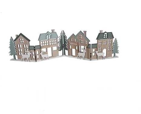 RiloStore Aufsteller 40x10cm Deko Häuser o830 Holzhäuser grün braun Holzhaus Stadt klappbar Silouette faltbar Holzblumen Deko Hirsche Tischdeko Tischschmuck Geschenk Arrangement