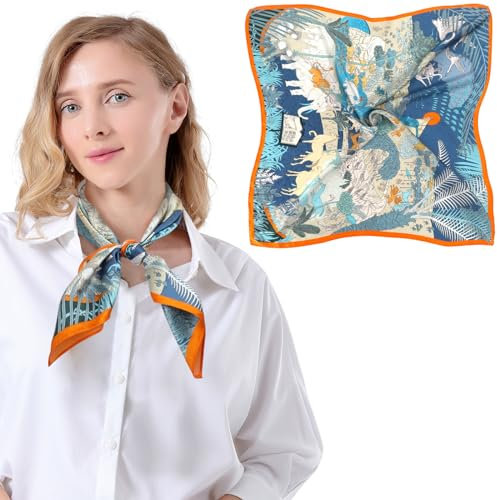 Bezioner Seidentuch 100% Maulbeerseide Schal Damen Seidentuch Haare 68x68cm Bandana Halstuch Quadratisch Kopftuch Mädchen Blau/Orange