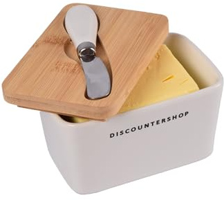 Beurrier en bambou de qualité supérieure avec couvercle | Céramique durable | Avec couteau à beurre en acier inoxydable | Blanc et beige | Boîte de conservation parfaite pour le beurre | Accessoire de