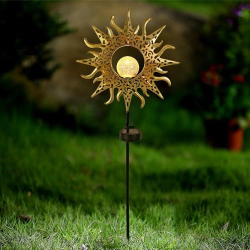 Solar Decorative Outdoor Decor White LED Garden Lights - Moon, Sun, Star, Torch Stake Lanterns - Waterproof Landscape Patio Warm White Lawn Light
