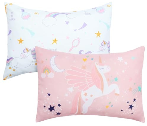 JISEN Kleinkind-Kissenbezüge für 33 x 46 cm, 30 x 40 cm, 35 x 48 cm, Einhorn-Kissenbezüge für Mädchen, 2 Stück, Kinder-Kissenbezüge für Schlafkissen, Reise-Kissenbezüge, Rosa/Weiß
