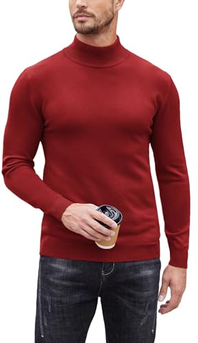 COOFANDY Maglione Pullover da uomo a collo alto collo a tartaruga slim fit tempo libero basic maglione a collo alto elastico tinta unita maglia a collo alto, rosso vivo, S