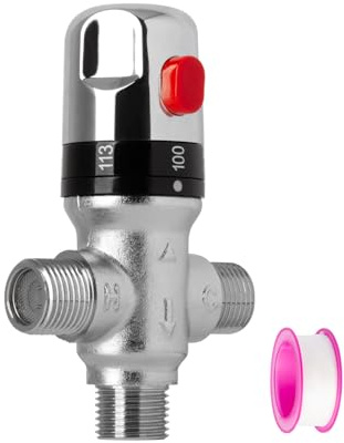 Thermostatic Mixing Valve with 1/2 NPT Thread, Chrome Plated Brass Temperature Control Valve for Shower and Bathroom Faucet System