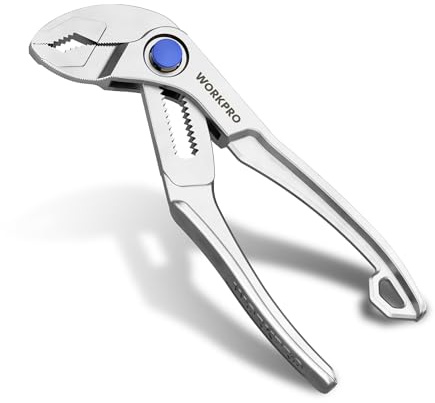 WORKPRO Mini Water Pump Pliers, 4-Inch Groove Joint Pliers, Fast Adjustable Tongue and Groove Pliers with 15-Position Push-Lock, V-Jaw for Multi-Surface Grip, Ideal for Tight Spaces and Versatile Use