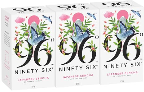 96° Japanese Sencha – Pack of 3 × 20 Pyramid Tea Bags (60 Bags), Delicate, Complex & a Touch Grassy Green Tea, Individually Wrapped Recyclable Envelopes, Plant-Based Tea Bags with No Microplastics