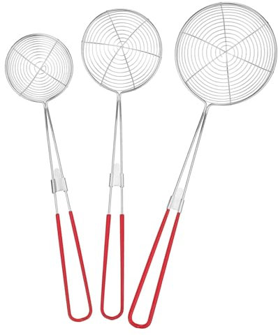 ABOOFAN 3pcs Stainless Steel Spider Strainer Set Red Small, Medium, Large Skimmer Ladles Food Strainers for Kitchen Cooking and Pasta Draining