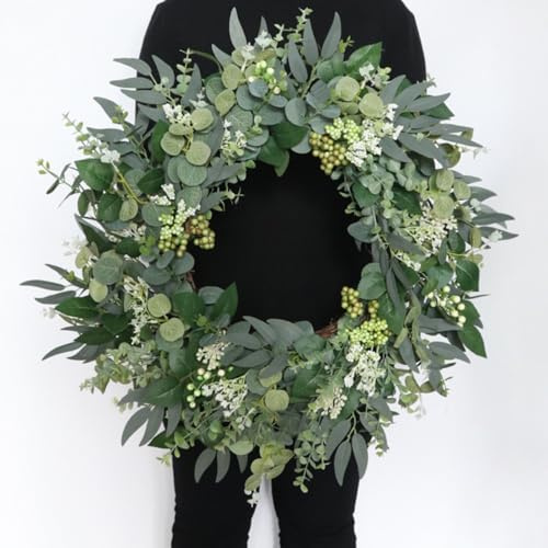 Künstliche Eukalyptus Kränze für Haustür 55 cm Sommerkranz Große Grüne Blattkränze Türkranz mit Beeren für Wände Fenster Veranda Bauernhaus Terrasse Partydekoration