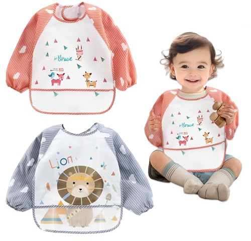 KYSUN 2 piezas Baberos Bebe Impermeables, Babero de Manga Larga de Bebé para Pintar con Mangas, Baberos para Bebés con Mangas, Babero para Alimentación de Bebés, para Niños Niñas de 6 a 36 meses