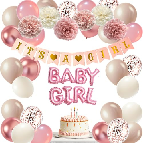 Hyballustw Baby Shower Decorations, 35pcs Rose Gold Dusty Pink Balloons with Ivory White Paper Pom Poms Baby Shower Banner for Baby Girl Shower Decorations