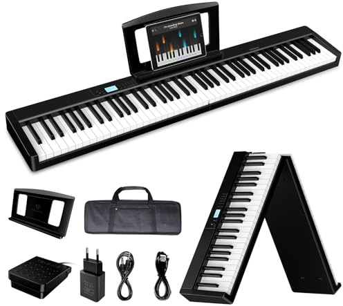 TERENCE Folding Piano Keyboard 88-key Semi-weighted Keyboard 1800mAh Battery 10W Speaker Foldable Portable Piano Suitable for Professional&Beginner, Bluetooth and MIDI Interface