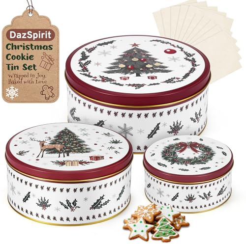 DazSpirit 3 Pack Christmas Cookie Tins with 10 Baking Papers, Reusable Nesting Round Metal Cookie Containers with Airtight Lids for Treat Storage & Holiday Gift Giving (Large, Medium, Small)