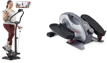 Sunny Health & Fitness Smart Portable Fully Assembled Magnetic Under Desk Elliptical Peddler + 2-in-1 Power Stepper with Resistant Bands & Handlebar, Low-Impact, Height Adjustable, 150 KG Max