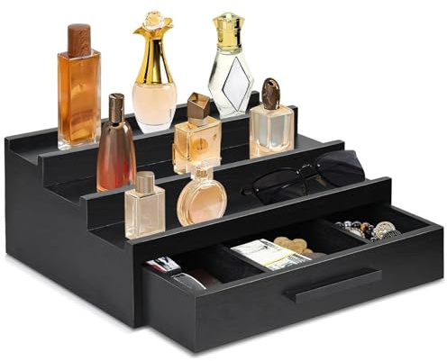 Steg Parfym Organizer - Black Cologne Stand | Tre-Layer Display Stand | Träparfymbricka | Fragrance Display Rack för att visa parfymer, hudvård, figur