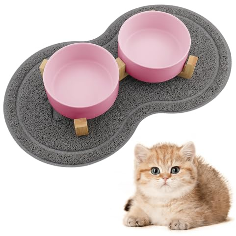 Zosenyer Gamelle Chat Surélevée avec Support, 400ML Gamelle Eau Chat, Tapis Chien Design à Double Bols, Idéal pour Les Chiots et Les Chats (Rose)
