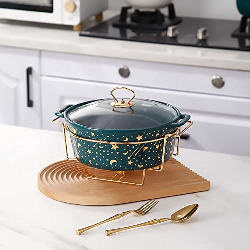 FBHappiness Ceramics Chafing Dishes Round Full Size Set Food Warming Tray Buffet Servers With Fuel Holder & Glass Viewing Cover For Weddings Parties Banquets,White,Green Grünm