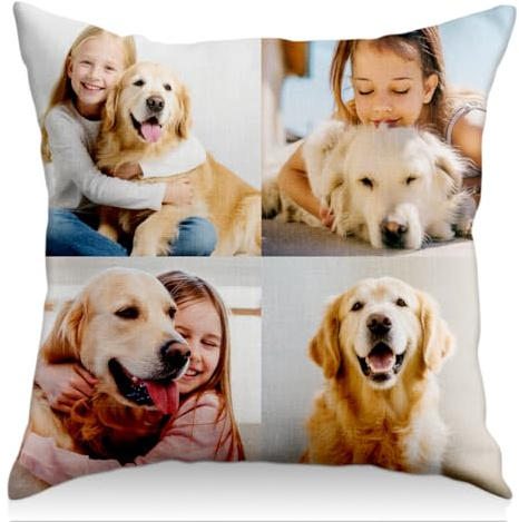 AAQ Coussin Personnalisé Photo, Housses de Coussin Double Face avec Photo et Texte Personnalisables, Cadeaux Personnalisés pour Hommes Femmes Parents Amis (A3-Quatre Images, Personnalisé)