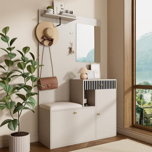 Armadio compatto 110 x 185,5 x 37 cm, armadio guardaroba con specchio e cuscini, armadio, parete soggiorno, mensola, armadio corridoio e guardaroba, scarpiera