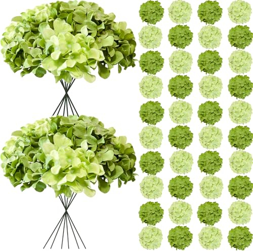 Cherica 50 Pcs Faux Green Mix Hydrangea Artificial Flowers Bulk, Fake Silk Hydrangea Flowers Heads with Stems for Wedding Decorations Garden Party Baby Shower Porch Home Decor Table Centerpieces