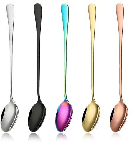 5PCS Stainless Steel Latte Spoons Long Handle Set, Multicolored Long Handled Teaspoons, Tea Spoons and Hot Chocolate Spoon (Silver, Gold, Rose Gold, Rainbow, Black)