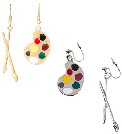 2-Pack Art Palette & Paintbrush Earrings - Gold & Silver Asymmetrical Dangle Jewelry for Artists & Creatives