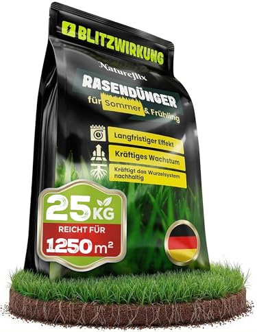 Natureflix Rasendünger 25kg für 1250m² | Langzeitdünger für dichten & sattgrünen Rasen | Premium Rasen Dünger für Frühjahr & Sommer Anwendung | Tierfreundlicher NPK Dünger