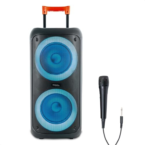 Ibiza ERIS400 Altavoz Bluetooth portátil con batería y LED – 2 woofers iluminados – TWS – USB, MicroSD, AUX – Micrófono con Cable Incluido – Trolley, Ruedas – Ideal para Fiestas y Karaoke