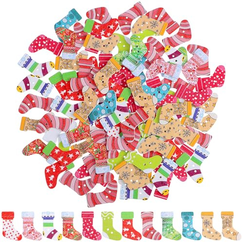 Amosfun Christmas Wooden Buttons Stocking Shape 100Pcs Creative Two-Hole Craft Buttons for Sewing Scrapbooking Xmas Stocking Decorations