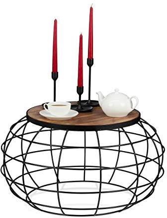Relaxdays Couchtisch, Mangoholz & Eisen, rund, niedrig, Wohnzimmer, Industrial Korbtisch, HxD: 36x67 cm, braun/schwarz