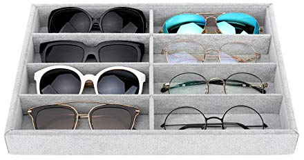 Emibele Brille Aufbewahrungsbox Organizer, 8 Gitter Samt Schmuckschale Uhr & Schmuck Stapelbar Aufbewahrung, Aufbewahrungsschrank mit Abnehmbarer Interner Trennwand für Familie Geschäft - Grau