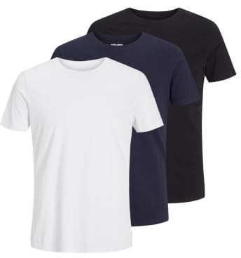 Jack & Jones Hombre Ligero Cuello 3 Paquete Camiseta - Negro/Armada - L