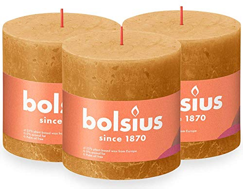 Bolsius - Rustik Vela XXL – Amarillo – 3 unidades – 10 x 10 cm – Velas decorativas para el hogar – Duración de combustión 62 horas – sin perfumar – Cera vegetal natural – Sin aceite de palma
