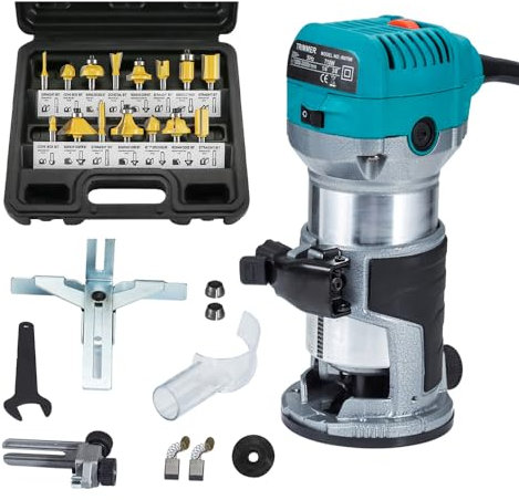 Affleureuse Défonceuse Trimmer Router Fraiseuse Électrique Outil à Bois 710W Pince 8mm 6.35mm + Coffret de 15 Fraises à défoncer Queue de 1/4 pour Travail du bois