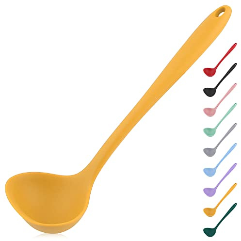 Louche en silicone avec prise en main confortable – Cuillère en caoutchouc anti-adhésif et sans couture pour la cuisine – Jaune