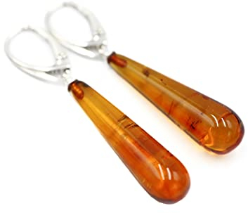 Bernstein Ohrringe Cognac Farbe mit 925 Sterling Silberne Schließe | Baltischer Bernstein 32x9x9 mm | BernsteinSchmuck