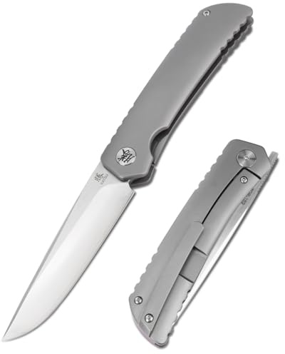 KATSU Klappmesser, Taschenmesser mit Taschenclip & Sandstrahlgriff aus Titan, ZDP-189 Scharfer Einhandmesser, Tragbares Outdoor Messer mit Rahmenschloss für den Täglichen Gebrauch - Grau