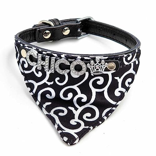 Bandana Hundehalsband und Hundehalstuch mit Namen aus Strass-Buchstaben, Leder Schwarz/S 24-30cm