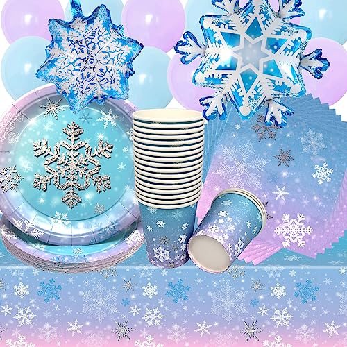 Doyomtoy Vajilla de Fiesta de Copo de Nieve,75 Piezas Decoraciones de Cumpleaño Globos de Nieve Platos Tazas Servilletas para Decoración de Fiesta de Nieve