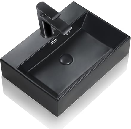 Waschbecken Waschtisch aus Keramik - 60x42x14cm - Aufsatzwaschbecken Eckig - Hänge Waschbecken Bad - mit Hahnloch und Überlauf - waschbecken klein gäste wc Handwaschbecken Aufsatzwaschtisch Schwarze